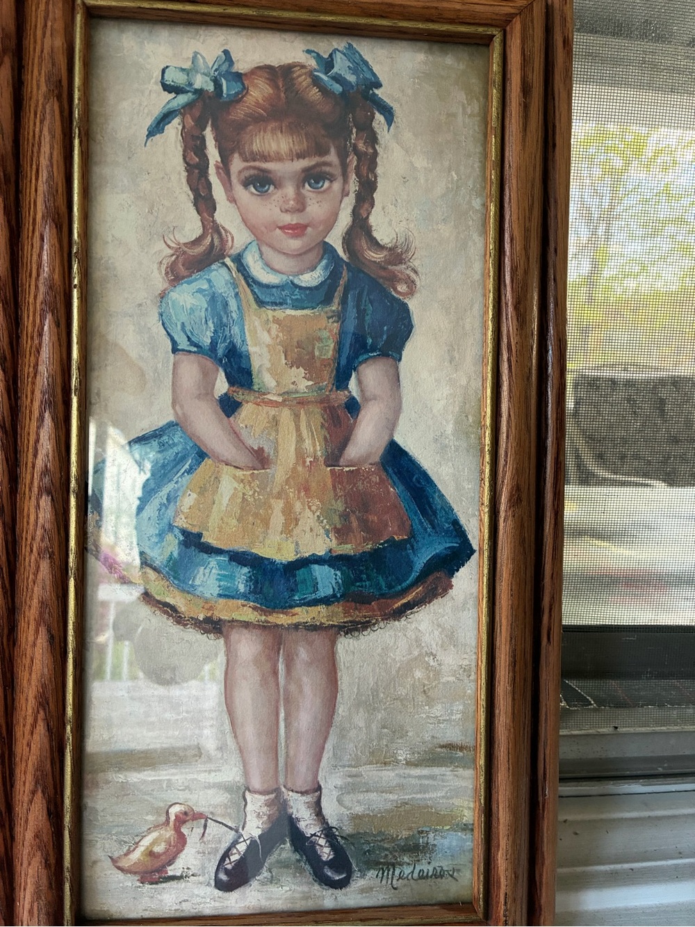 Framed Vintage Medeiro Girl Portrait print in Blue and Yellow.  Groovy print!